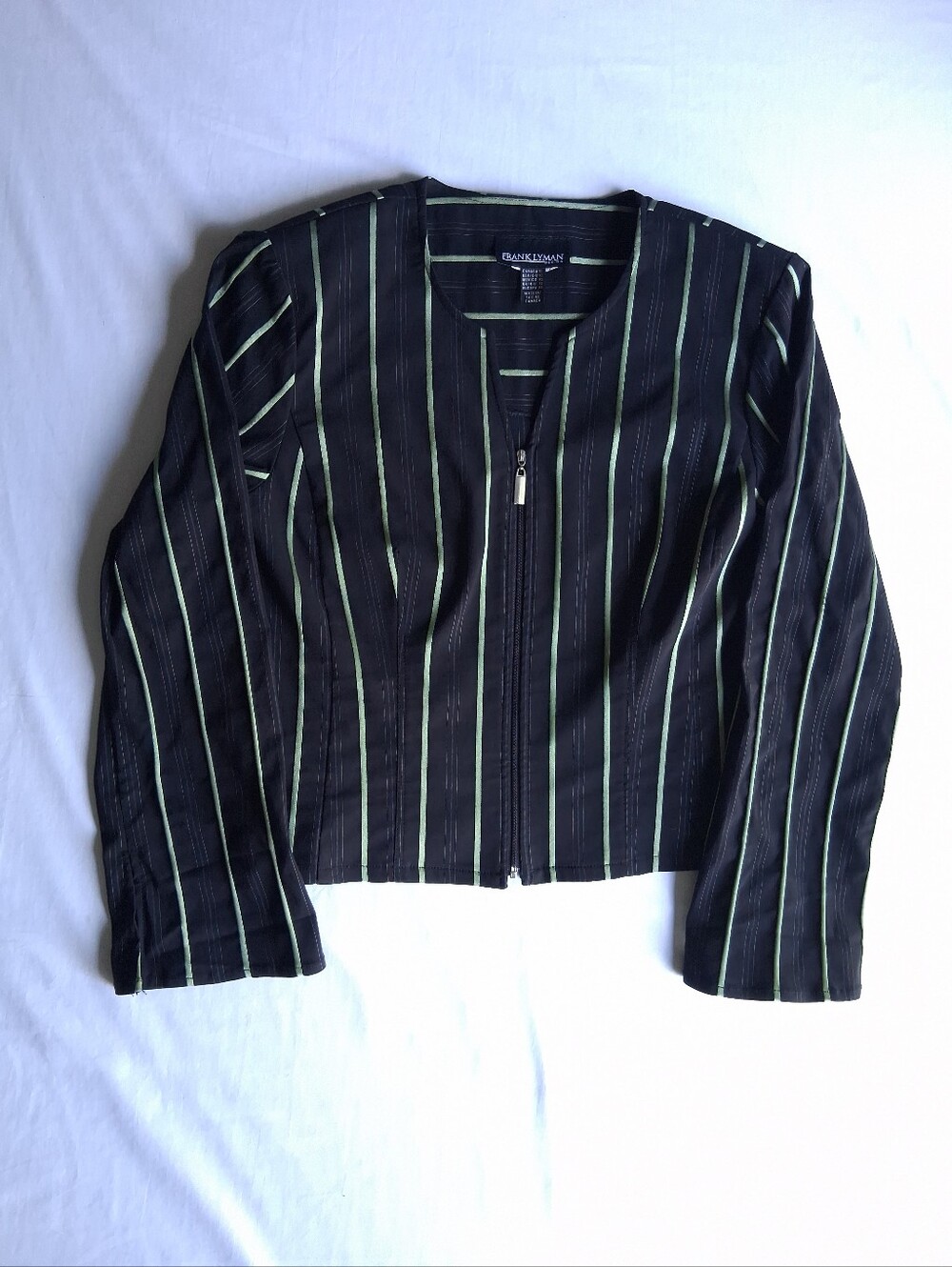 Frank Lyman Jacket collarless jacket black green striped zip up  Women's Size 10